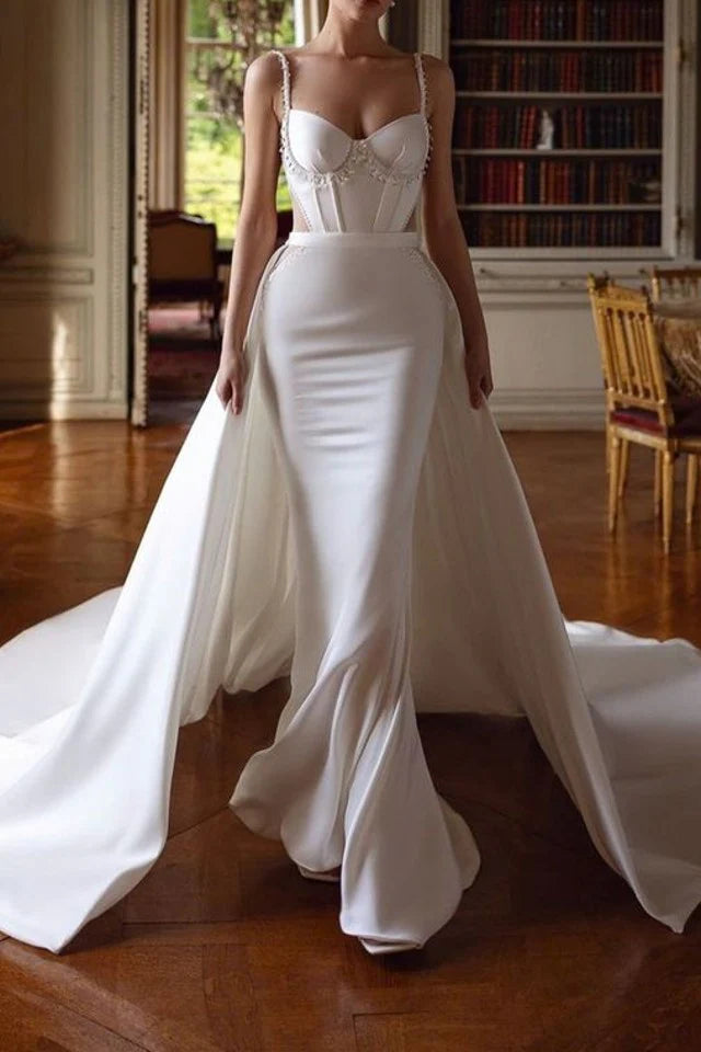 Luolandi Wedding Dress Spaghetti Straps Mermaid Beaded Corset Bridal Dress With Panel Train Sexy